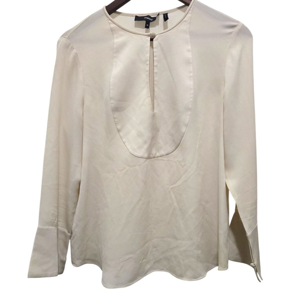 Theory Silk Cut Out Blouse M Cream Long Sleeve Minimalist Chic